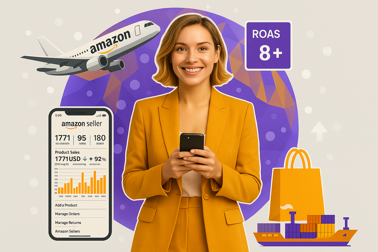 Professional Amazon seller with sales dashboard
